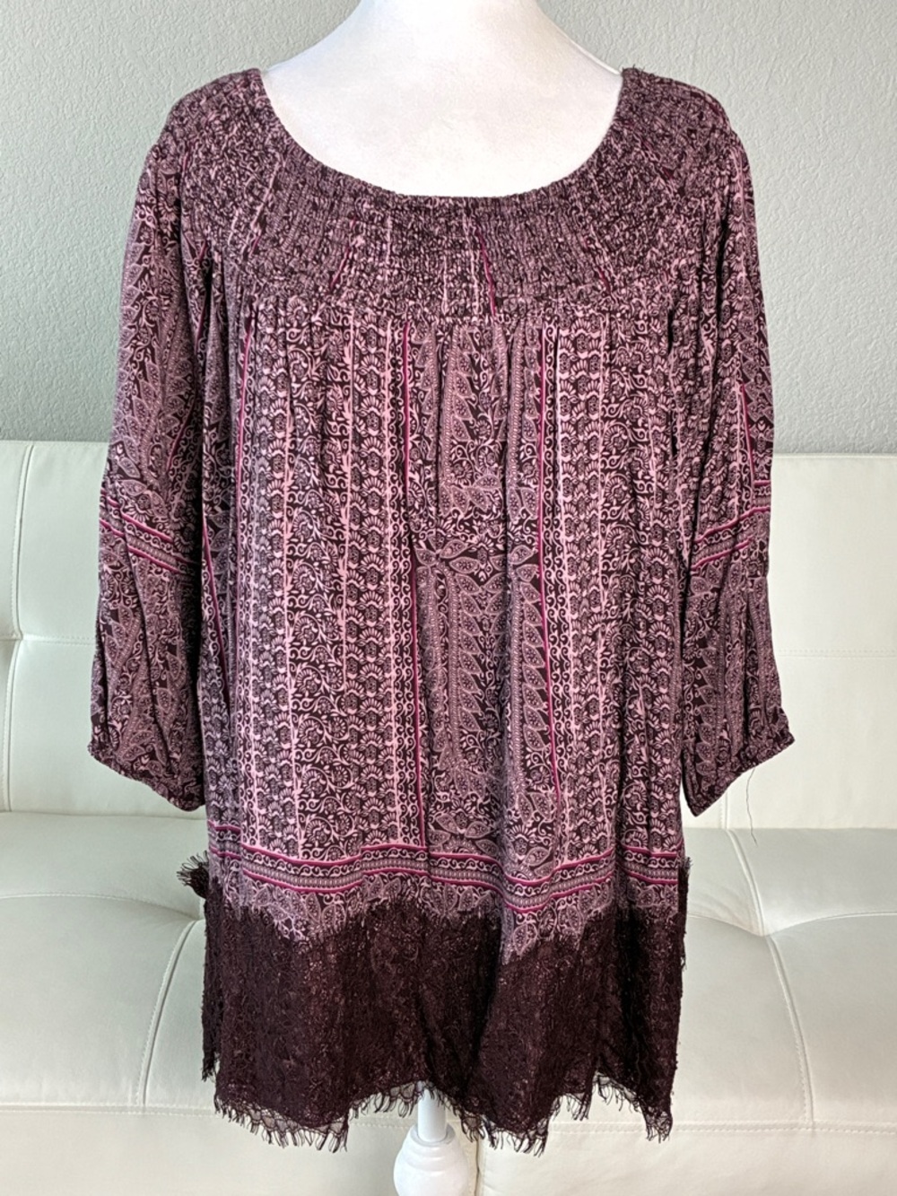Anthropologie Vanessa Virginia Women's Boho Smocked Neck Plum Floral Blouse Top